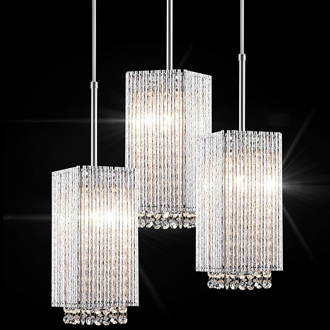 MO&OK 3 Pack Crystal Chandelier Modern Pendent Lights Adjustable Hanging Lighting with Metal Lampshade Rectangle Chandeliers for Kitchen Island Dinningroom,Entrance Living Room H9.8 xD5.2 Chrome