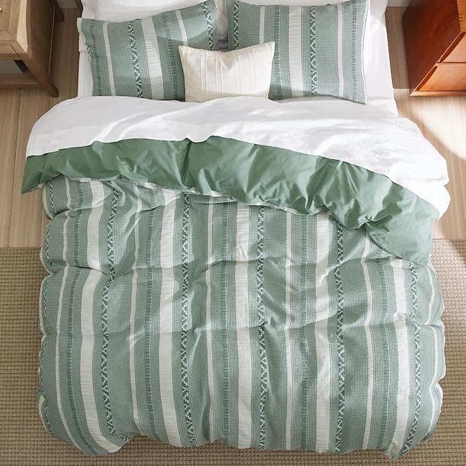 Bedsure Waffle Weave Duvet Cover King - 100% Cotton Boho Duvet Cover with 2 Pillowcases - Green Textured Comforter Cover with Zipper Closure (King, 104"x90")