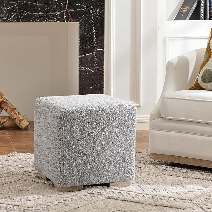 KINWELL 18.5" Wide Modern Square Boucle Upholstered Ottoman with Solid Wood Legs, Cube Ottoman Multi-Functional Sofa Footrest, Extra Seating for Living Room, Bedroom, Fully Assembled (Black and White)