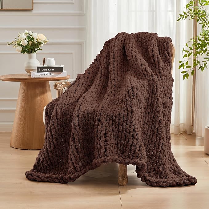 Carriediosa Chunky Knit Throw Blanket 50" X 60", 100% Hand Made Large Chenille Loop Yarn Soft Fluffy Throws for Couch Sofa Bed, Big Crochet Cozy Heavy Thick Cable Woven Blanket, Cocoa Brown
