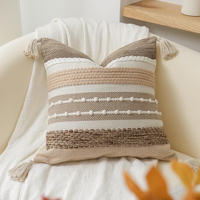 BlissBlush Brown Decorative Throw Pillow Cover 18x18 Square Boho Accent Pillowcase Tassels Farmhouse Cushion for Couch Sofa Bedroom Livingroom Home Décor Cover ONLY (Pack of 1)