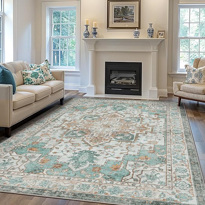 GENIMO 8x10 Area Rugs for Living Room, Machine Washable Non Slip Vintage Rugs, Low Pile Lightweight Chenille Print Rug for Bedroom, Dining Room, Home Office, Cyan