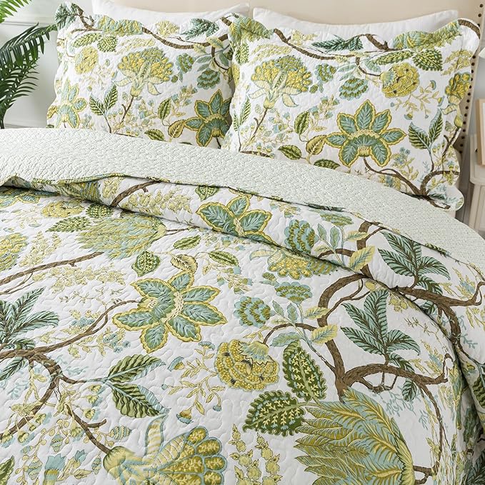 Travan 3-Piece Quilt Set Quilted Bedspread Cotton Coverlet Set Floral Oversized Quilted Bedding Set for All Season, White Vine, King Size