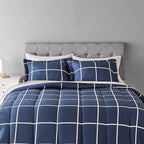 Amazon Basics Full/Queen Comforter Set with Sheets, 7-Piece Navy with Grey Plaid Bedding, Lightweight Microfiber Bed-in-a-Bag