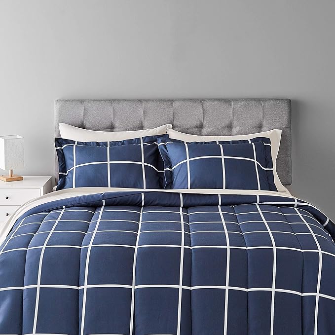 Amazon Basics Full/Queen Comforter Set with Sheets, 7-Piece Navy with Grey Plaid Bedding, Lightweight Microfiber Bed-in-a-Bag