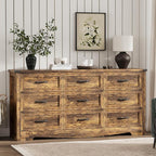 Dresser for Bedroom with 9 Drawers, 59" Wide Wood Chest of Drawers with Deep Drawers & Mental Handle, Modern Dresser TV Stand, Wooden Closet Storage Organizer for Living Room, Hallway, Entryway, Brown