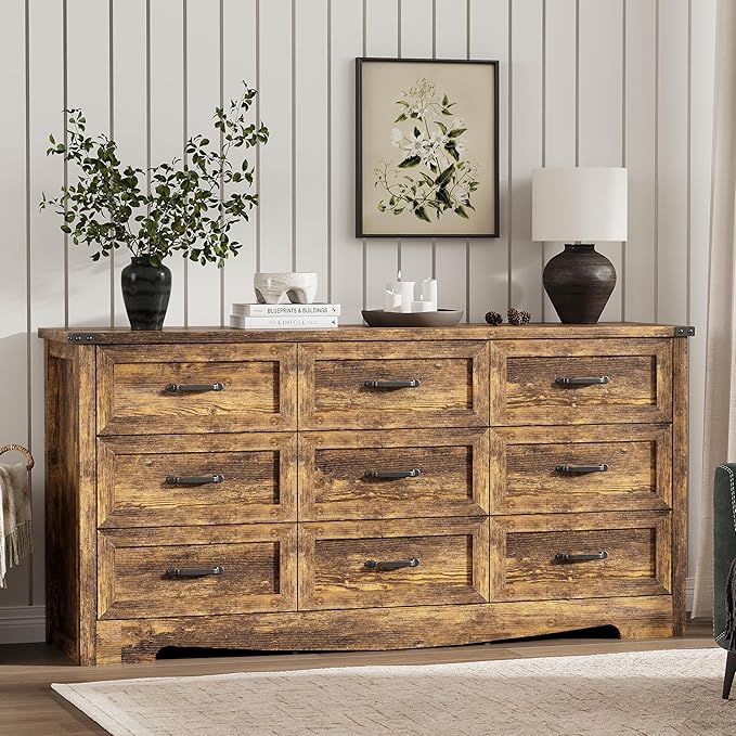 Dresser for Bedroom with 9 Drawers, 59" Wide Wood Chest of Drawers with Deep Drawers & Mental Handle, Modern Dresser TV Stand, Wooden Closet Storage Organizer for Living Room, Hallway, Entryway, Brown