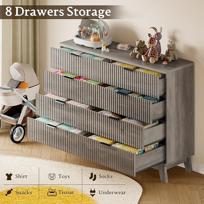 53" Tall Dresser for Bedroom, 8-Drawer Fluted Chest of Drawers, Modern Wood Highboy with Metal Slides and Handles, Anti-Tip Kit, Vertical Clothes Storage Organizer for Apartment, Closet