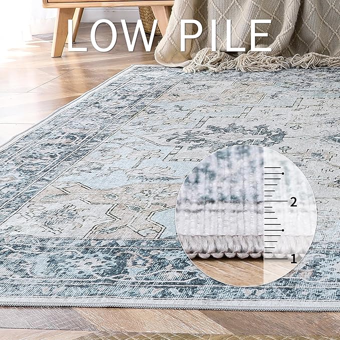 GENIMO 8x10 Area Rugs for Living Room, Machine Washable Non Slip Vintage Rugs, Low Pile Lightweigt Chenille Print Indoor Rug for Bedroom, Dining Room, Home Office, Blue