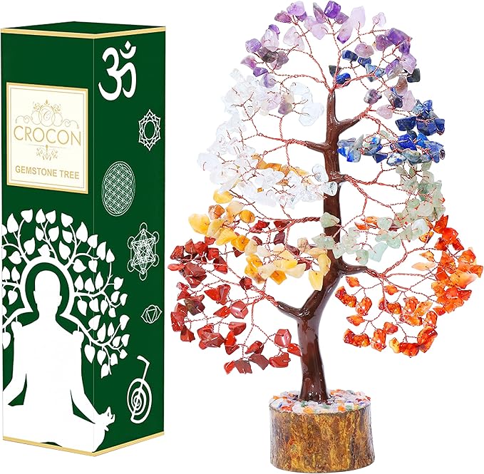Crocon Seven Chakra Gemstone Tree Copper Wire Feng Shui Money Bonsai Good Luck Chakra Healing Crystals Home Decoration Ornament Figurine Wealth Prosperity Gift Size: 10-12"""