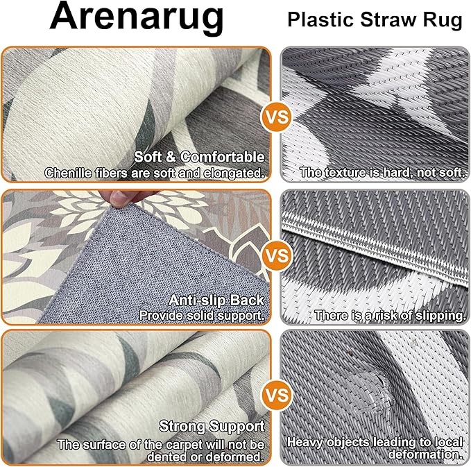 Indoor Outdoor Area Rug Washable Multicolored Patio Rug Tropical Botanical Modern Floral Indoor Outdoor Carpet Brown White Rug Non Slip Non Shedding for Patio, Deck, Backyard, Porch (5x8)