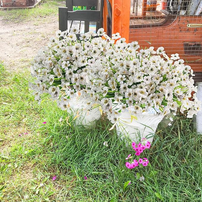 Uieke 72 Bundles Outdoor Artificial Flowers UV Resistant Outdoor Fake Flowers No Fade Faux Plastic Plants for Garden Porch Window Box Home Outside Spring Summer Décor (White)