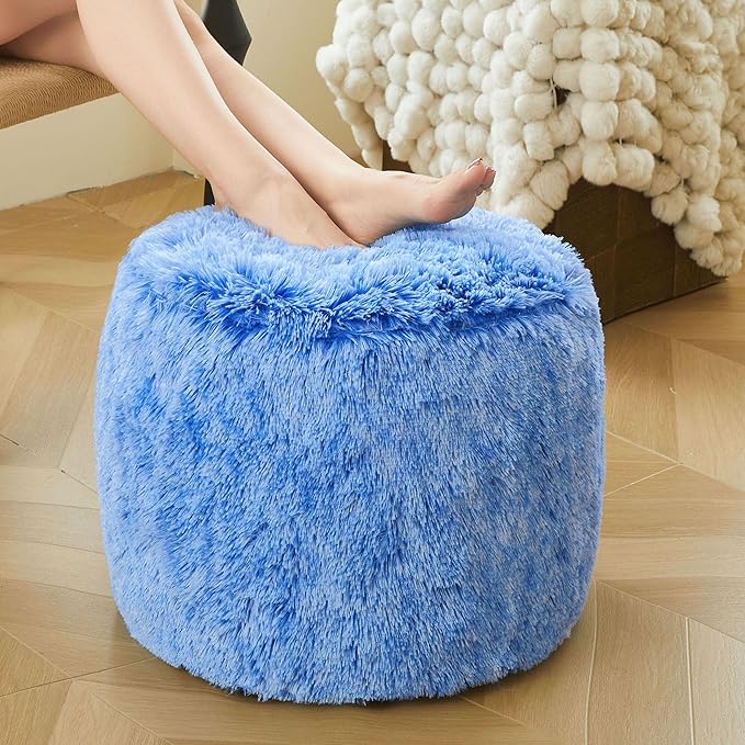 XeGe Fluffy Faux Fur Inflatable Pouf Ottoman, Soft Shaggy Fuzzy Foot Stool, Plush Furry Foot Rest Floor Pouf Anti-Slip, Foldable Round Ottoman Cushion Living Room Bedroom Home Decor, Ombre Blue