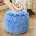 XeGe Fluffy Faux Fur Inflatable Pouf Ottoman, Soft Shaggy Fuzzy Foot Stool, Plush Furry Foot Rest Floor Pouf Anti-Slip, Foldable Round Ottoman Cushion Living Room Bedroom Home Decor, Ombre Blue