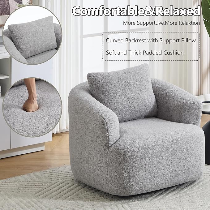 Swivel Accent Chair,360° Rotating Barrel Chair,Teddy Fleece High-Resilience Sponge Single Sofa, Easy Assembly for Living Room, Bedroom, Apartment Light Grey
