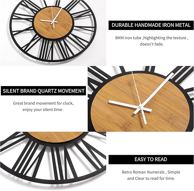 1st owned Wall Clocks for Living Room Decor,20" Vintage,Round Silent Non Ticking,Black Metal,Modern Wood Clocks for Home Bedroom,Kitchen,Garden,Office,Cafe,Modern Wall Decoration -Roman Numerals