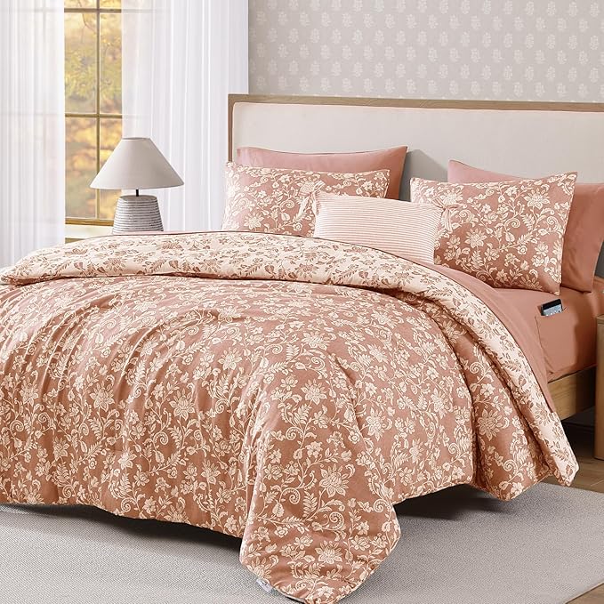 Queen Comforter Set -7 Pieces Clay Pink Floral Comforter Set for All Seasons, Bed in a Bag Queen with Botanical Flowers Comforter, Sheets, Pillowcases & Shams