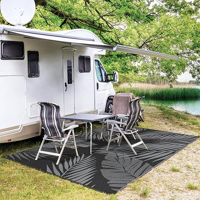 GENIMO Outdoor Rug 6' x 9' Waterproof for Patios Clearance, Reversible Outdoor Plastic Straw Camping Rug Carpet, Large Area Rugs Mats for RV, Camper, Deck, Balcony, Porch, Beach, Picnic, Black&Grey
