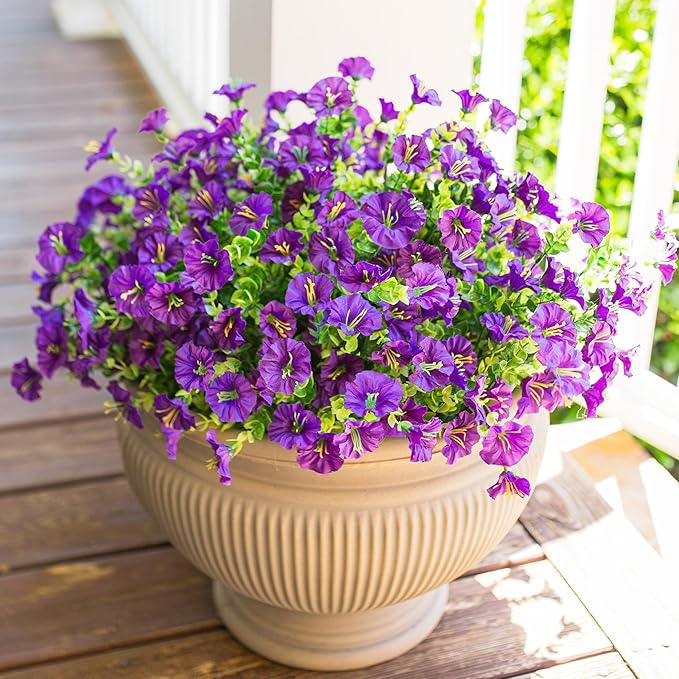 HyeFlora Artificial Flowers for Outdoors Fake Plants Outside Decoration, 12 Bundles Silk Purple Morning Glory with Eucalyptus UV Resistant Look Real Faux Flower for Planter Front Door Porch Patio Yard