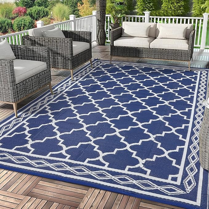 GAOMON Outdoor Rug 9'x12' Waterproof Rug for Patio Decor, Foldable Reversible Plastic Straw Area Rugs Mat for Camper, Outside Carpet for Deck, Porch, Picnic, Beach, Navy/White(Geometric)