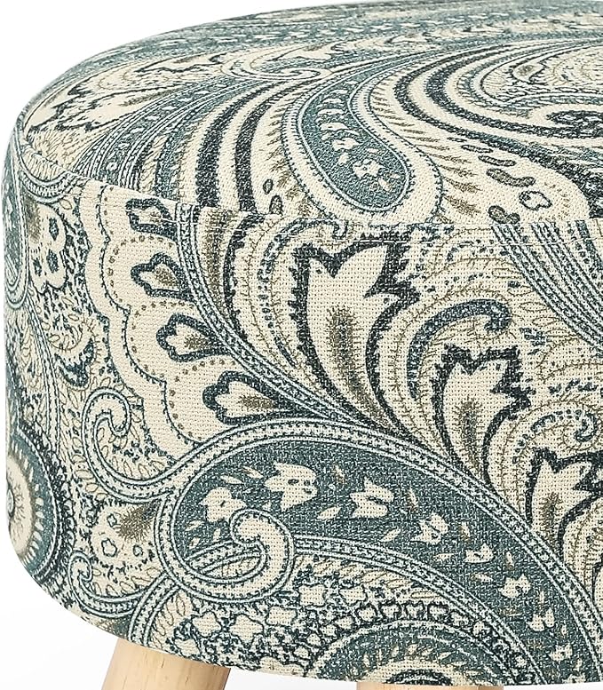 Asense Small Round Ottoman Foot Rest Stool Linen Padded Seat Footstool Ottoman with Anti-Slip Wooden Legs (Blue+Beige,Linen)