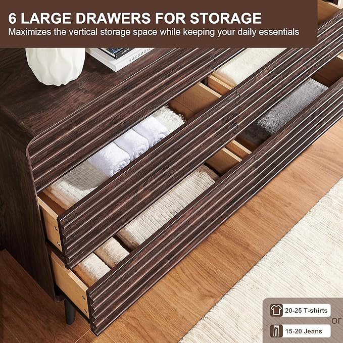 RedLemon 6 Drawers Dresser for Bedroom, 54'' Wide Mid Century Modern Wood Fluted Double Dresser, Chest of Drawers with Tapered Leg for Bedroom, Living Room, Hallway, Closet, Dark Walnut