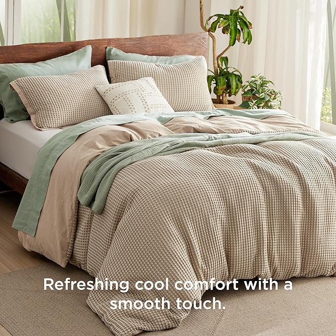 Bedsure Cooling Waffle Duvet Cover King - Cotton Blend Rayon Derived from Bamboo Duvet Cover Set for Hot Sleepers, Breathable Bedding Set with a Vintage Charm, 3 Pieces (Taupe, King, 104"x90")