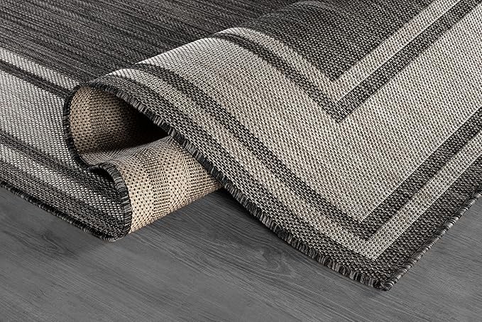 Beverly Rug Large Outdoor Rug 9x12 Modern Bordered Area Rugs for Indoor and Outdoor Patio Deck Porch Garden Waterproof Weather Sun Resistant Washable Outside Carpet (9 x 12 Dark Gray)