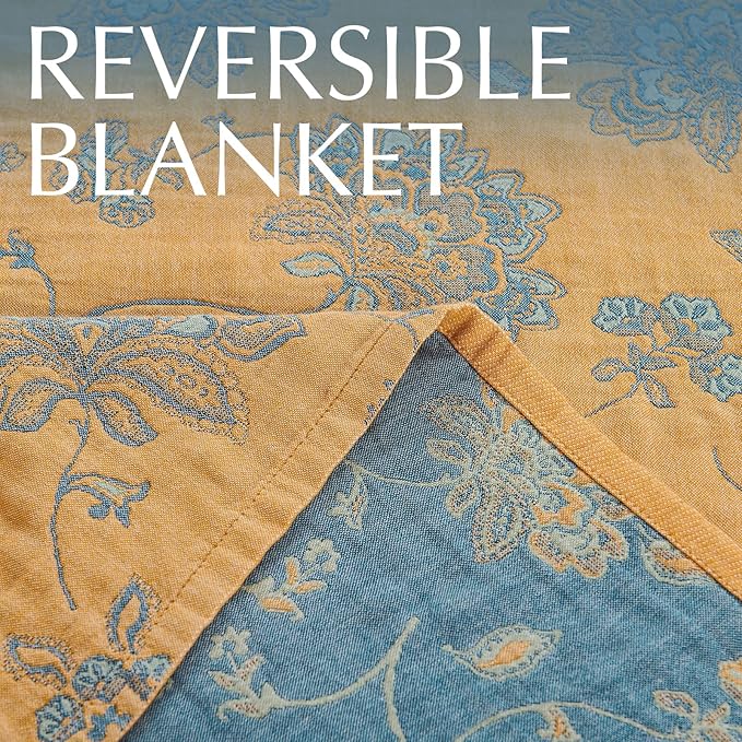 jinchan Boho 100% Cotton Muslin Twin Size 60x80 Inches Blanket Lightweight 4-Layer Quilted Soft Yellow and Blue Floral Throw Blanket Reversible Comfy Flower Breathable All Seasons Couch Bedroom Decor