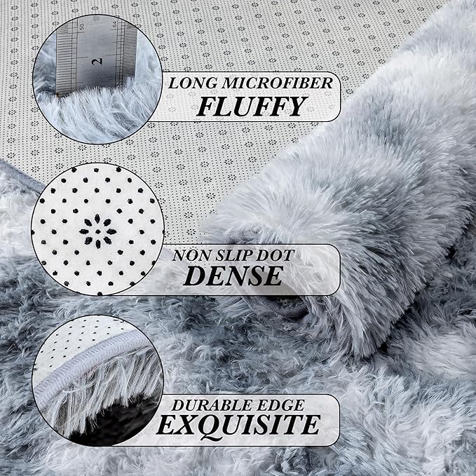 Fluffy Area Rug Living Room: Grey Shag Rug 6x9 Plush Rugs for Living Room - Large Fuzzy Soft Carpet (Tie-Dyed Light Gray, 6x9 Feet)