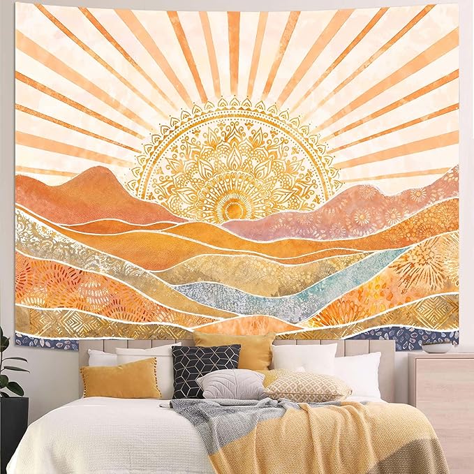 Lunerfex Bohemian Mandala Sunrise Wall Tapestry, Abstract Mountain Scenery Tapestries for Home Decor, Boho Tapestry 80x60 Inch