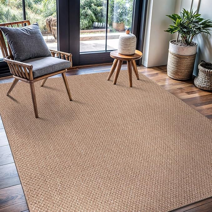 CAMILSON Easy Jute Rug 6x9, Indoor Outdoor Natural Color Farmhouse Area Rugs for Living Room Patio and Kitchen Rug, Solid Boho Woven Design, Easy-Cleaning, Washable Outside Carpet Alfombras (6 x 9)