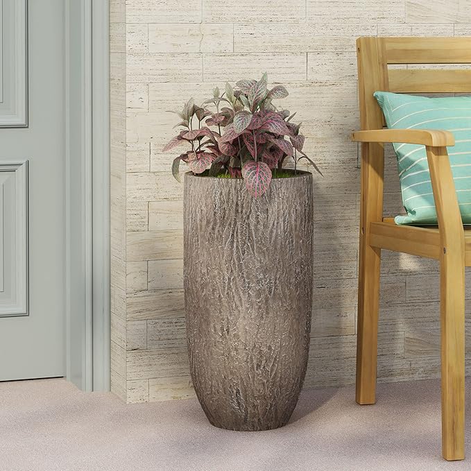 Christopher Knight Home Jorine Lightweight Concrete Planter, Cast Stone Plant Pot, Large Garden Urn, Patio Texture Finish Flower Pot for Balcony Backyard Poolside, No Assembly Needed, 27" H Brown