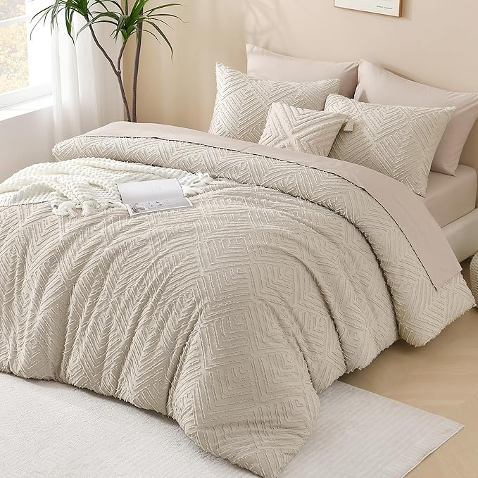 Andency Oatmeal Comforter California King Size, 3 Pieces Boho Bedding Set & Collections, Farmhouse Tufted Fluffy Bedding Comforter Sets for All Seasons (1 Comforter 104x96In, 2 Pillowcases)