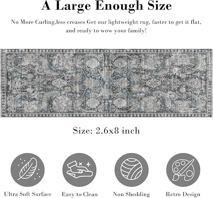 RUGSURE Washable Area Rugs - Perfect for Living Room, Bedroom, Kids Room, Nursery - Stain & Water Resistant Non-Slip, Pet & Child Friendly, Vintage Tribal Area Rugs (Grey and Bule, 2'6'' x 8')