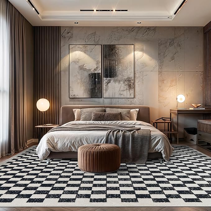 Rugshop Black and White Checkered Area Rug – High-Contrast Grid Pattern Carpet for Living Room, Bedroom, or Dorm – Trendy Contemporary Soft Floor Décor 7' 10" x 10' Black