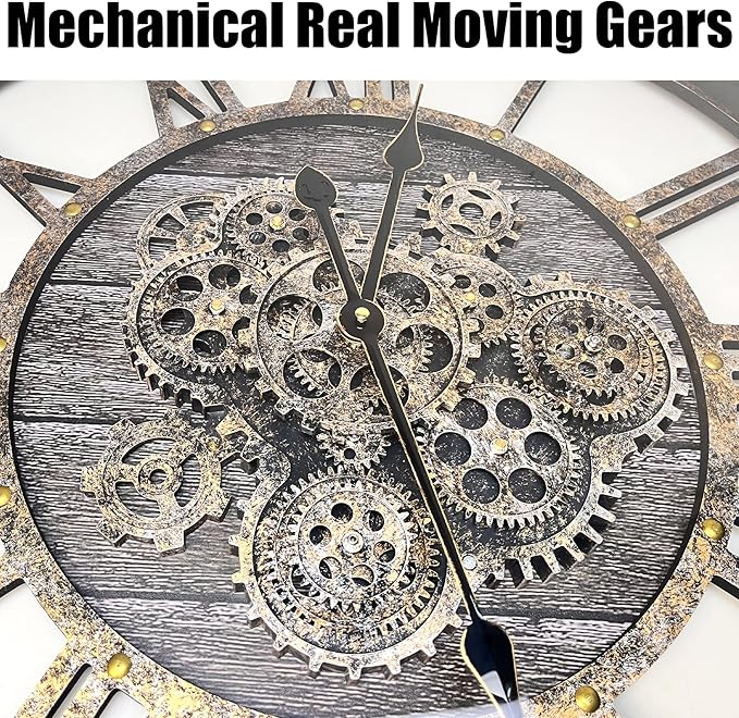 DORBOKER 40" Original Moving Gears Wall Clock, Large Industrial Wall Clock for Living Room Decor,Oversized Wood Vintage Farmhouse Steampunk Rustic Clocks for Wall Decor,Carbon Gray