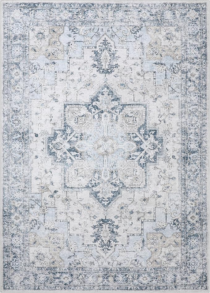 GENIMO 7'6''x9'6'' Area Rugs for Living Room, Machine Washable Non Slip Vintage Rugs, Low Pile Lightweight Chenille Print Rug for Bedroom, Dining Room, Home Office, Blue