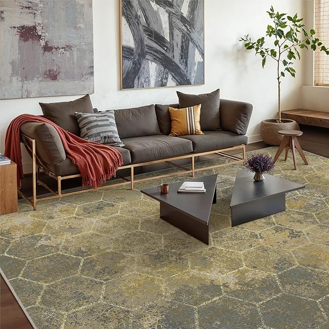 Area Rugs 8x10 for Living Room Bedroom, Modern Abstract Honeycomb Geometric Design, Machine Washable Rug, Large Soft Low Pile Floor Cover with Non Slip Backing for Dining Room, Brown/Tan