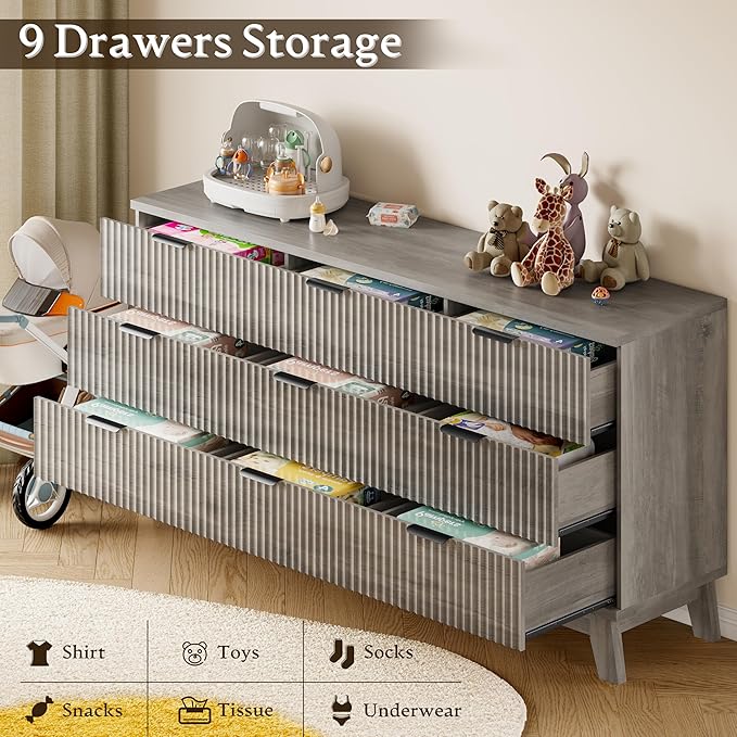 63" Long Dresser for Bedroom, 9-Drawer Fluted Dresser, Extra-Wide Wood Chest of Drawers with Smooth Metal Slides, Stable Base, Modern Clothes Storage Cabinet for Living Room, Hallway, Nursery