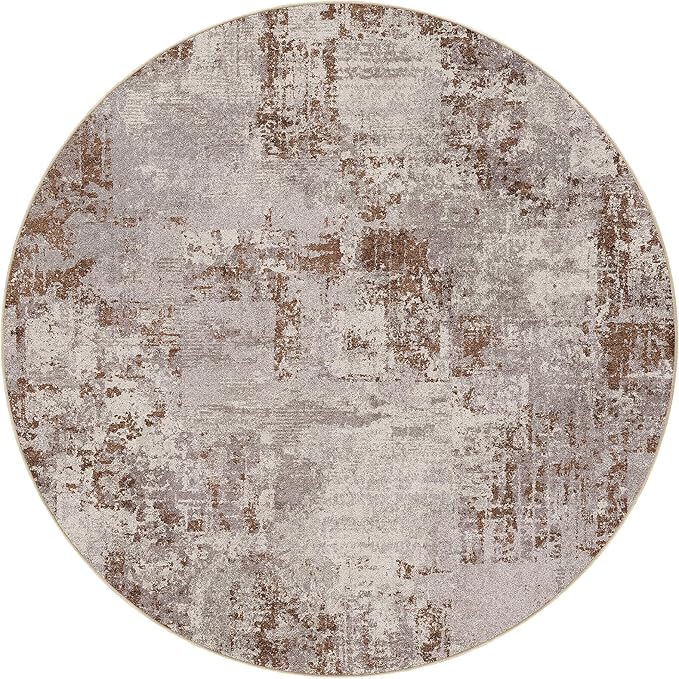Tortania Washable 8' Round Area Rug for Living Room: Modern Abstract Neutral Large So' Thin Rugs - Non Slip Indoor Carpet for Bedroom Dining Room Office Nursery Home Floor Decoration - Brown