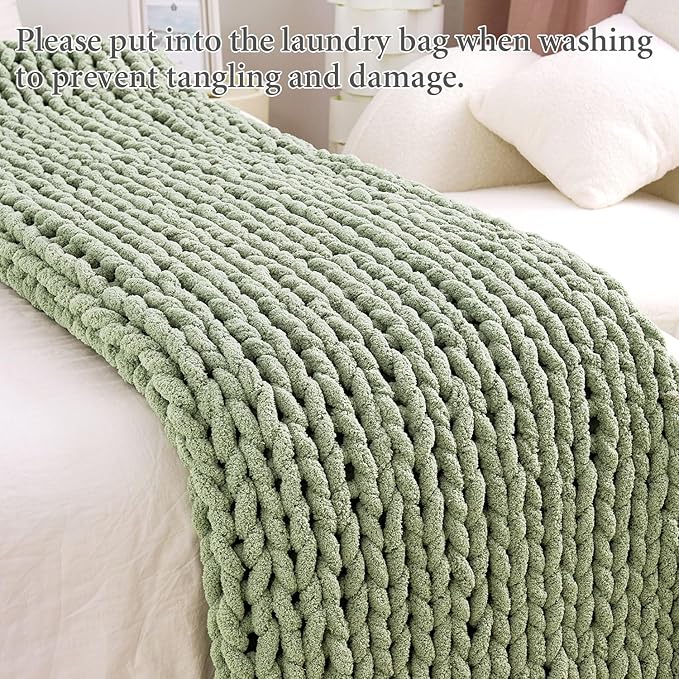 Admitrack Chunky Knit Blanket Throw, 100% Hand Knit Chenille Throw Blanket for Sofa & Home Decor, Soft and Cozy Knitted Throw Blankets (Sage Green，40"x50")