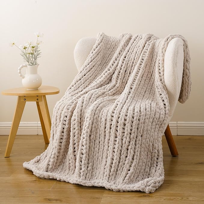 Battilo Chunky Knit Throw Blanket, Soft and Thick Chenille Throw Blanket, 50"x60" Handmade Cable Knit Crochet Blanket, Large Rope Knot Throw Blankets for Couch Sofa Bed Home Decor, Taupe