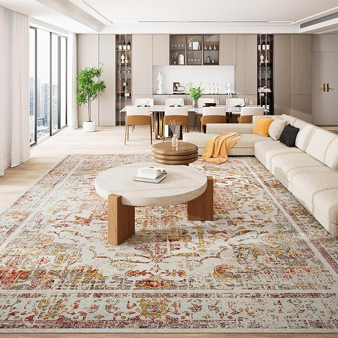 Topllen Washable Area Rug - Area Rug 6'x9' Boho Soft Living Room Rug, Non-Slip Large Area Rugs Indoor for Dining Room Livingroom Bedroom, Vintage Rug (Khaki, 6x9ft)