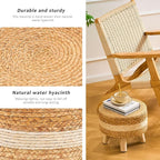Handwoven Round Ottoman, Natural Water Hyacinth Outdoor Patio Pouf Seagrass Low Stool with Wood Legs, Soft Padded Footrest for Living Room Bedroom Garden, White