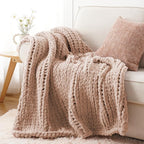 Battilo Chunky Knit Throw Blanket, Soft and Thick Chenille Throw Blanket, 50"x60" Handmade Cable Knit Crochet Blanket, Large Rope Knot Throw Blankets for Couch Sofa Bed Home Decor, Pink
