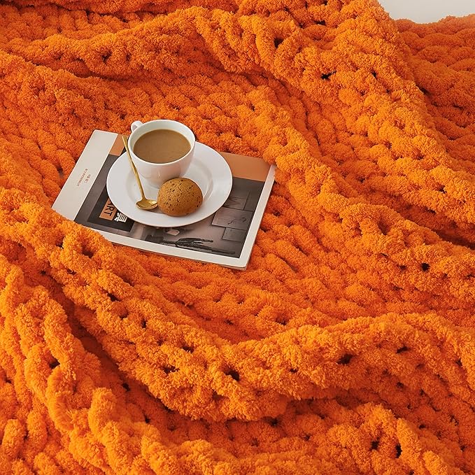 L'AGRATY Chunky Knit Blanket Throw: 50''x60'' Chenille Chunky Knitted Throw Blanket for Bed Couch - Handmade Thick Big Cable Knit Blanket - Large Chunky Crochet Rope Blanket for Home Decor(Orange)