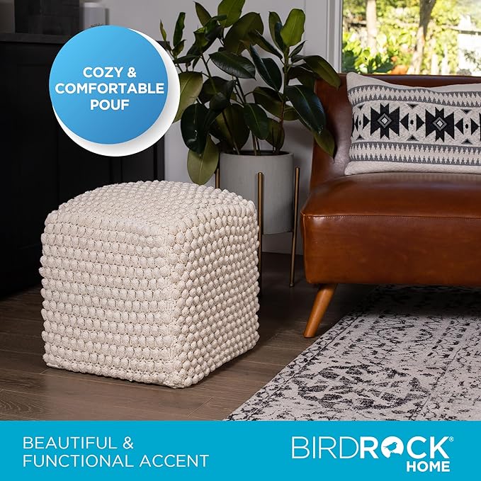 BIRDROCK HOME Bud Pouf Foot Stool Ottoman - Knit Bean Bag Floor Chair - Cotton Braided Cord - Great for The Living Room, Bedroom and Kids Room - Small Furniture