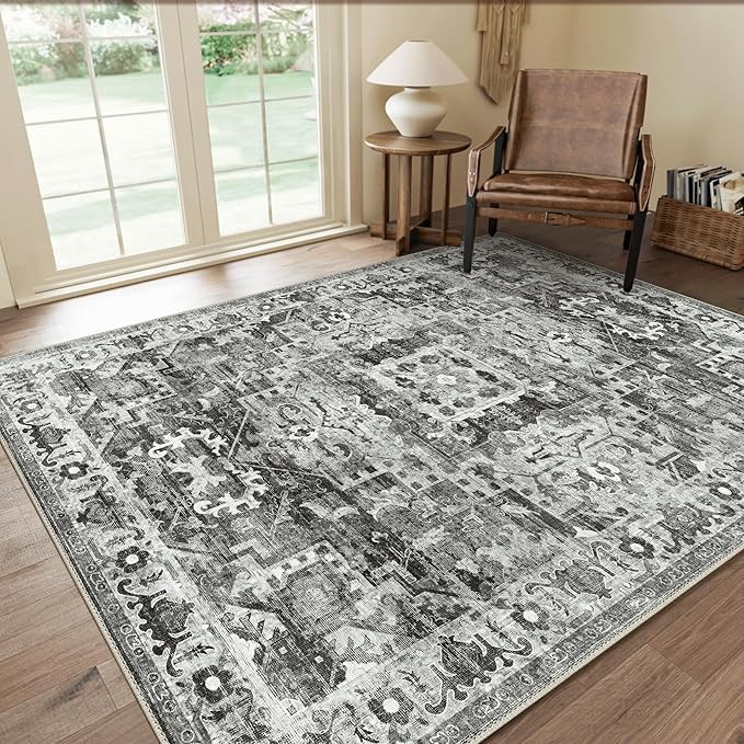 GENIMO Machine Washable 8x10 Area Rugs for Living Room, Non Slip Vintage Rugs, Low Pile Lightweight Chenille Print Rug for Bedroom, Dining Room, Home Office, Deep Gray