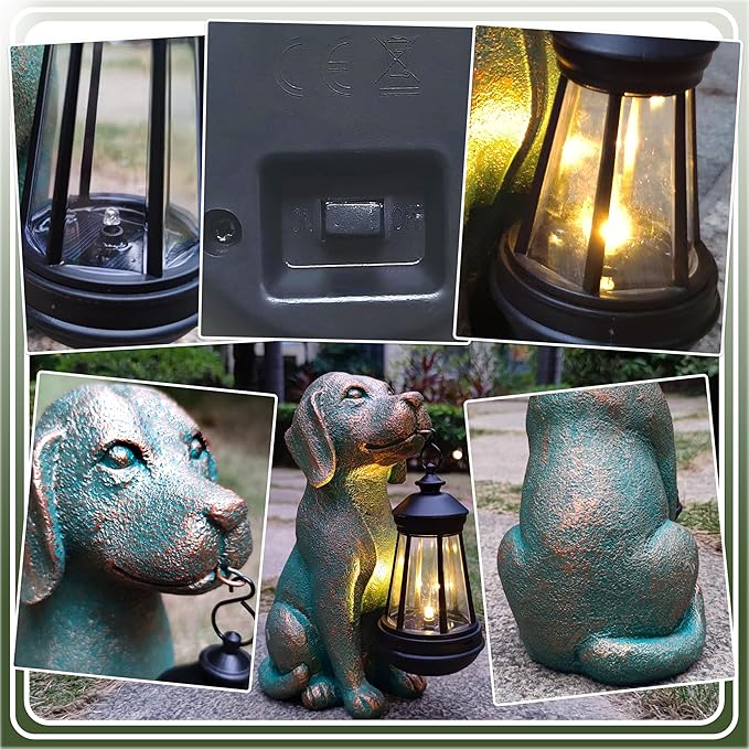 Dog Garden Statue Outdoor Décor with Solar Lights Lantern,Dog Solar Light Figurines Outside Decorations for Yard，Lawn ,Patio, Balcony, Unique Housewarming Gifts
